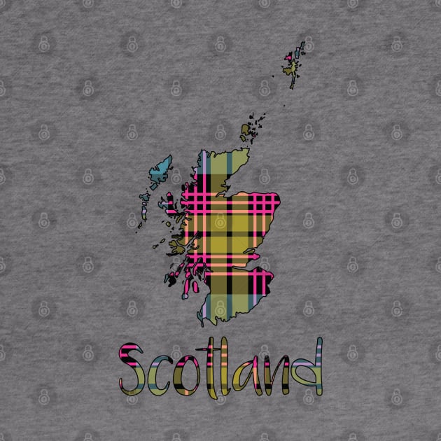 Scotland Pink, Blue and Yellow Tartan Map Typography Design by MacPean